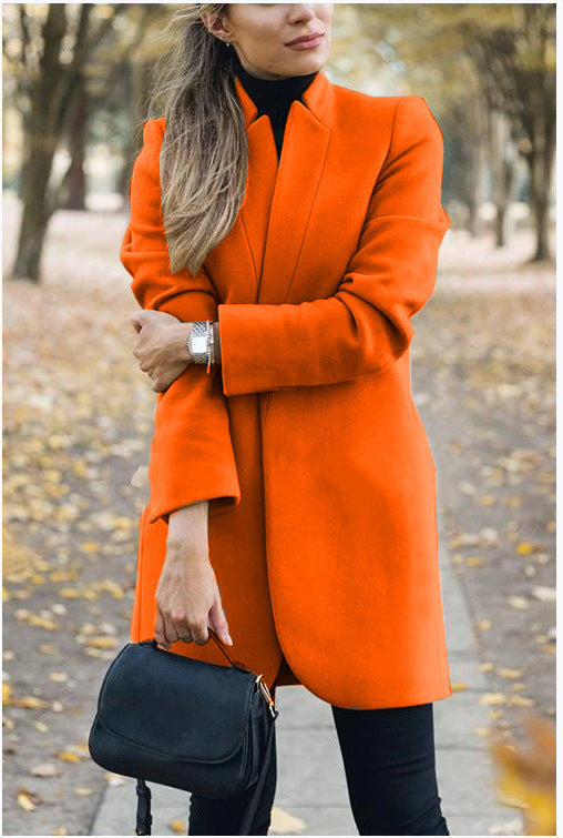Fashion Solid Color Stand-up Collar Woolen Coat
