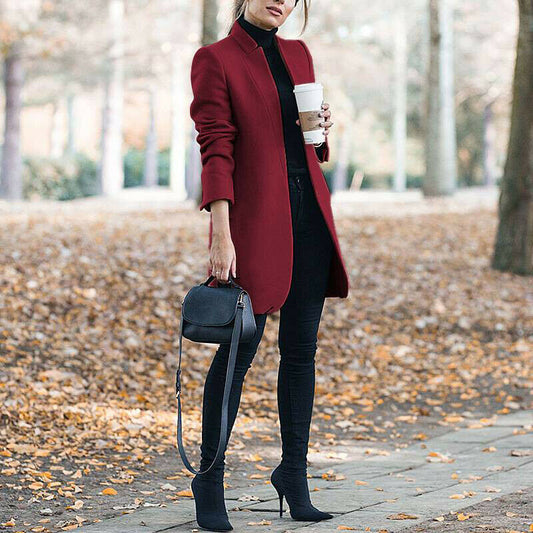 Fashion Solid Color Stand-up Collar Woolen Coat