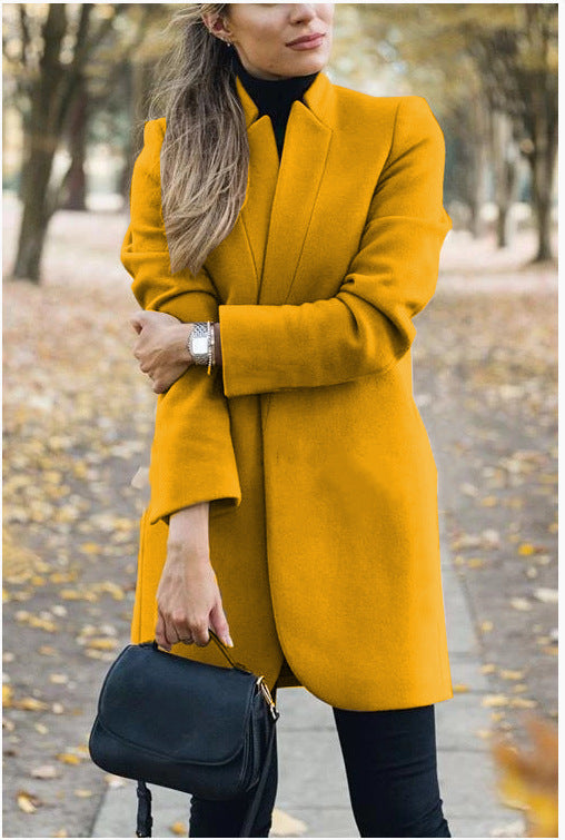 Fashion Solid Color Stand-up Collar Woolen Coat