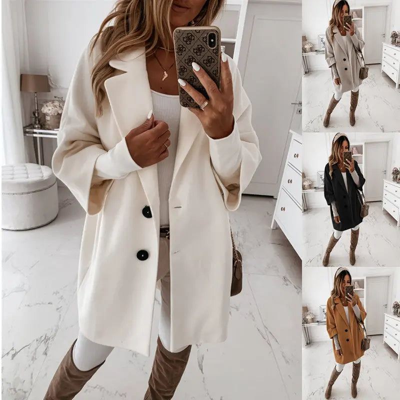 Autumn And Winter Three-quarter Sleeve Button Lapel Pocket Woolen Jacket Women's Clothing