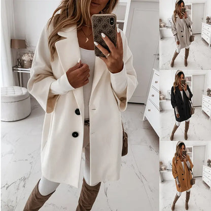 Autumn And Winter Three-quarter Sleeve Button Lapel Pocket Woolen Jacket Women's Clothing