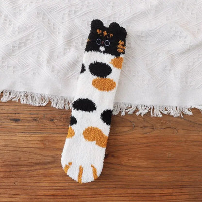 Socks Women's Home Coral Fleece Socks Cat Lucky Cat Paw Sleep Socks Thickened Winter Plus Velvet Medium Tube Women's Socks