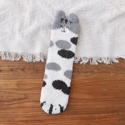 Socks Women's Home Coral Fleece Socks Cat Lucky Cat Paw Sleep Socks Thickened Winter Plus Velvet Medium Tube Women's Socks