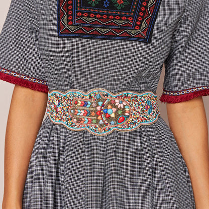 Ethnic Style Beads Suede Bottom PU Waist Belt Pure Handmade Bohemian Style Elastic Wide Waist Belt Ladies Elegant Color Shelllls