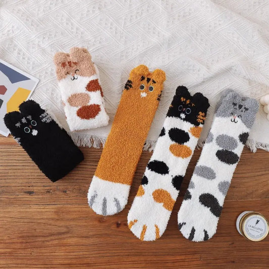 Socks Women's Home Coral Fleece Socks Cat Lucky Cat Paw Sleep Socks Thickened Winter Plus Velvet Medium Tube Women's Socks