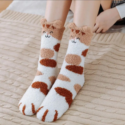Socks Women's Home Coral Fleece Socks Cat Lucky Cat Paw Sleep Socks Thickened Winter Plus Velvet Medium Tube Women's Socks