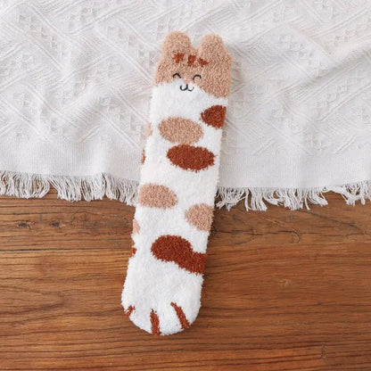 Socks Women's Home Coral Fleece Socks Cat Lucky Cat Paw Sleep Socks Thickened Winter Plus Velvet Medium Tube Women's Socks