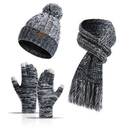 New Knitted Wool Color Hat Thickened Scarf Touch Screen Gloves Three-piece Set