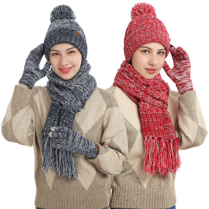New Knitted Wool Color Hat Thickened Scarf Touch Screen Gloves Three-piece Set