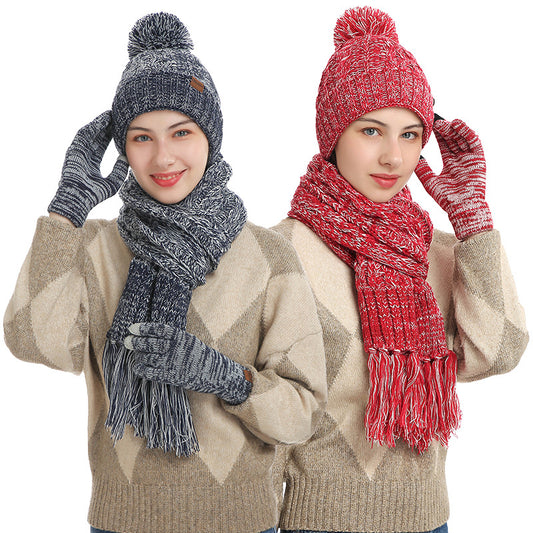New Knitted Wool Color Hat Thickened Scarf Touch Screen Gloves Three-piece Set