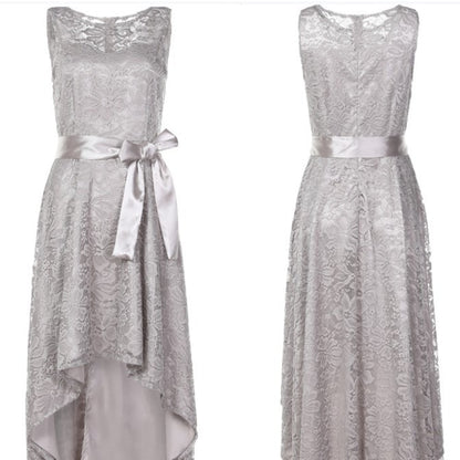 Elegant Lace High-Low Evening Dress with Satin Bow - Formal Party & Bridesmaid Gown