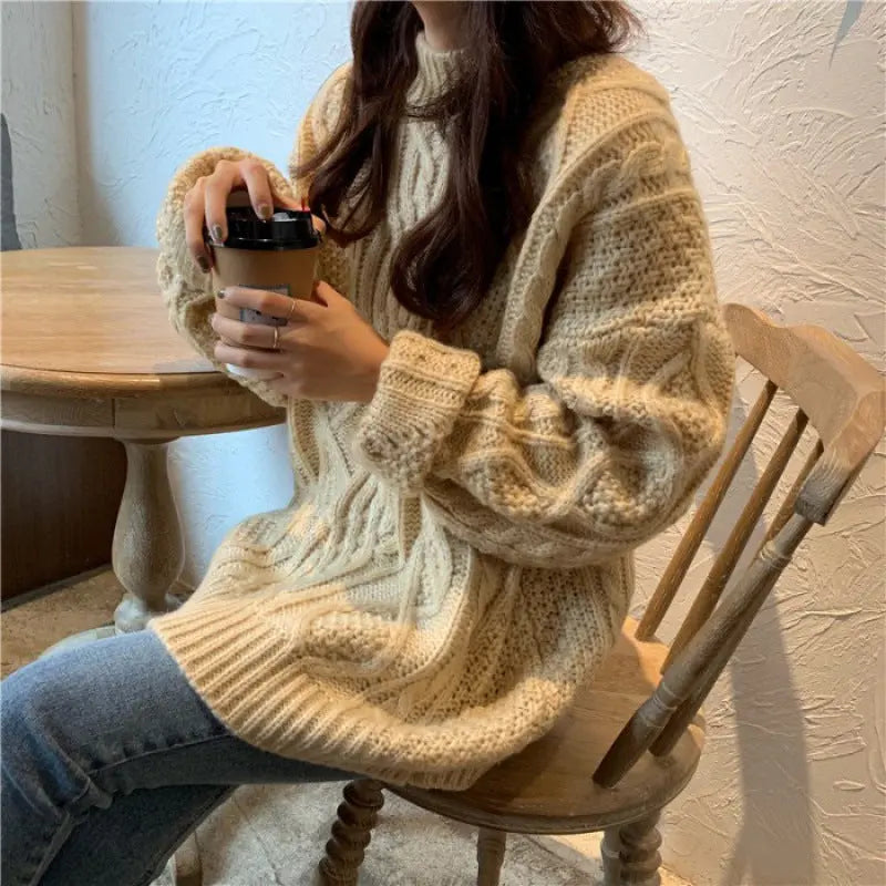 Lazy Wind Sweater Women's Autumn And Winter New Loose Outerwear Pullover Thickened Retro Hong Kong Style Coarse Twist Coat Ins Tide