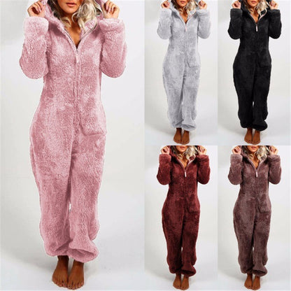 2022 New European And American Autumn And Winter Women&#039;s Cross-border Trade Plus Velvet Padded Mao Mao Jumpsuit Hooded Pajamas