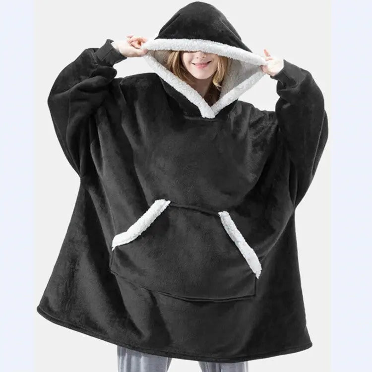 Women's Flannel Wearable Blanket Hoodie Thickened Warm Patch Home Oversized Sweatshirt