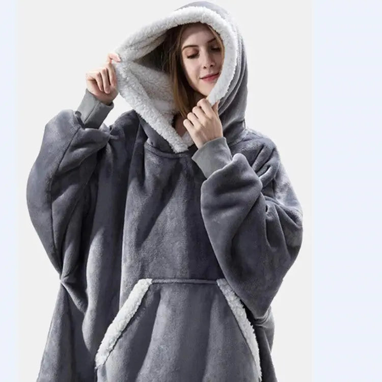 Women's Flannel Wearable Blanket Hoodie Thickened Warm Patch Home Oversized Sweatshirt