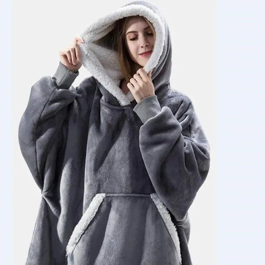 Women's Flannel Wearable Blanket Hoodie Thickened Warm Patch Home Oversized Sweatshirt