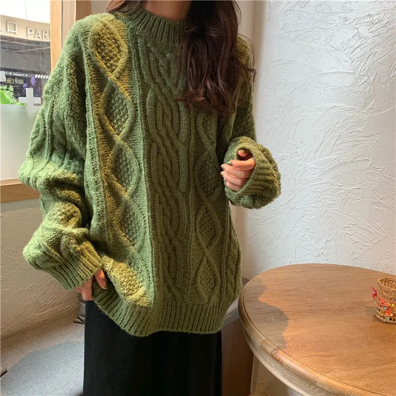 Lazy Wind Sweater Women's Autumn And Winter New Loose Outerwear Pullover Thickened Retro Hong Kong Style Coarse Twist Coat Ins Tide