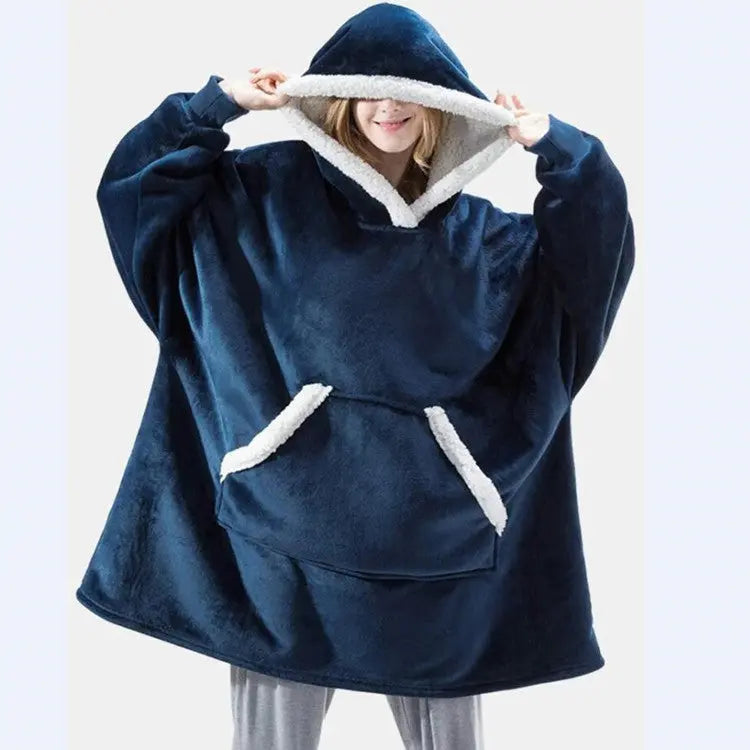 Women's Flannel Wearable Blanket Hoodie Thickened Warm Patch Home Oversized Sweatshirt