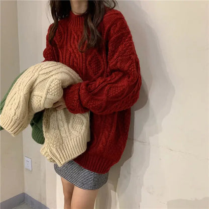 Lazy Wind Sweater Women's Autumn And Winter New Loose Outerwear Pullover Thickened Retro Hong Kong Style Coarse Twist Coat Ins Tide