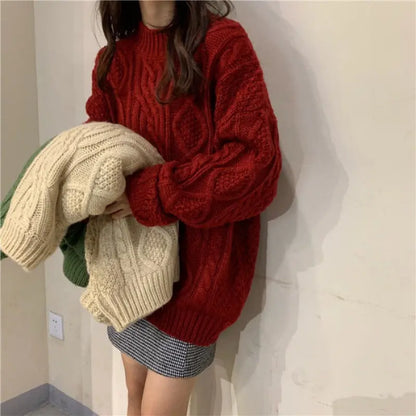 Lazy Wind Sweater Women's Autumn And Winter New Loose Outerwear Pullover Thickened Retro Hong Kong Style Coarse Twist Coat Ins Tide