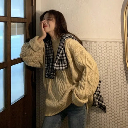 Lazy Wind Sweater Women's Autumn And Winter New Loose Outerwear Pullover Thickened Retro Hong Kong Style Coarse Twist Coat Ins Tide
