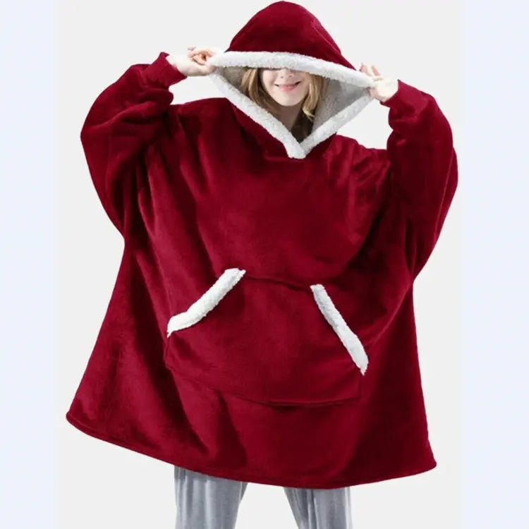 Women's Flannel Wearable Blanket Hoodie Thickened Warm Patch Home Oversized Sweatshirt