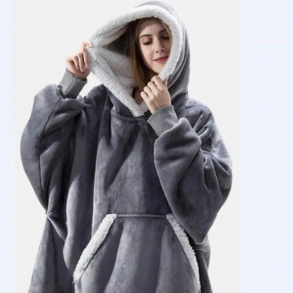 Women's Flannel Wearable Blanket Hoodie Thickened Warm Patch Home Oversized Sweatshirt