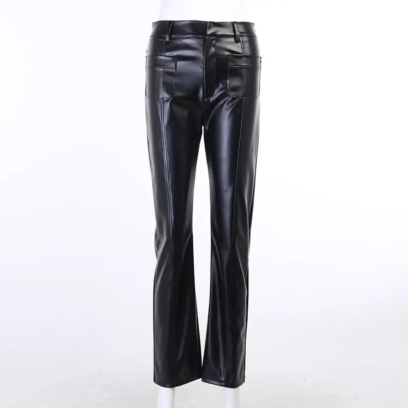 Fashion Design Double Pocket Sexy Straight Slim Pocket PU Long Leather Pants