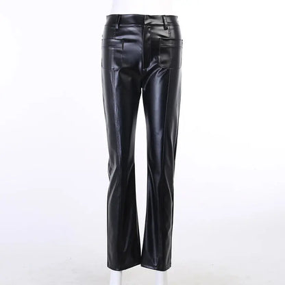 Fashion Design Double Pocket Sexy Straight Slim Pocket PU Long Leather Pants