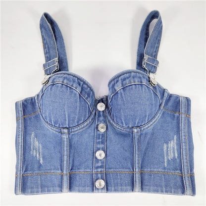 Hot-selling All-match Strap Button Slim-fit Denim Tube Top Strap
