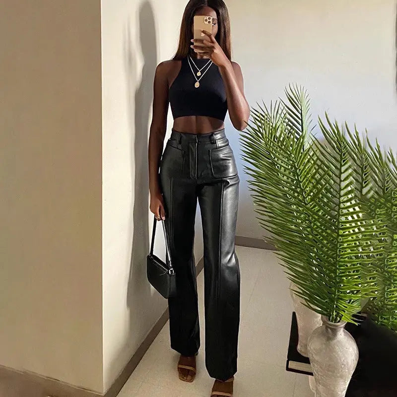 Fashion Design Double Pocket Sexy Straight Slim Pocket PU Long Leather Pants
