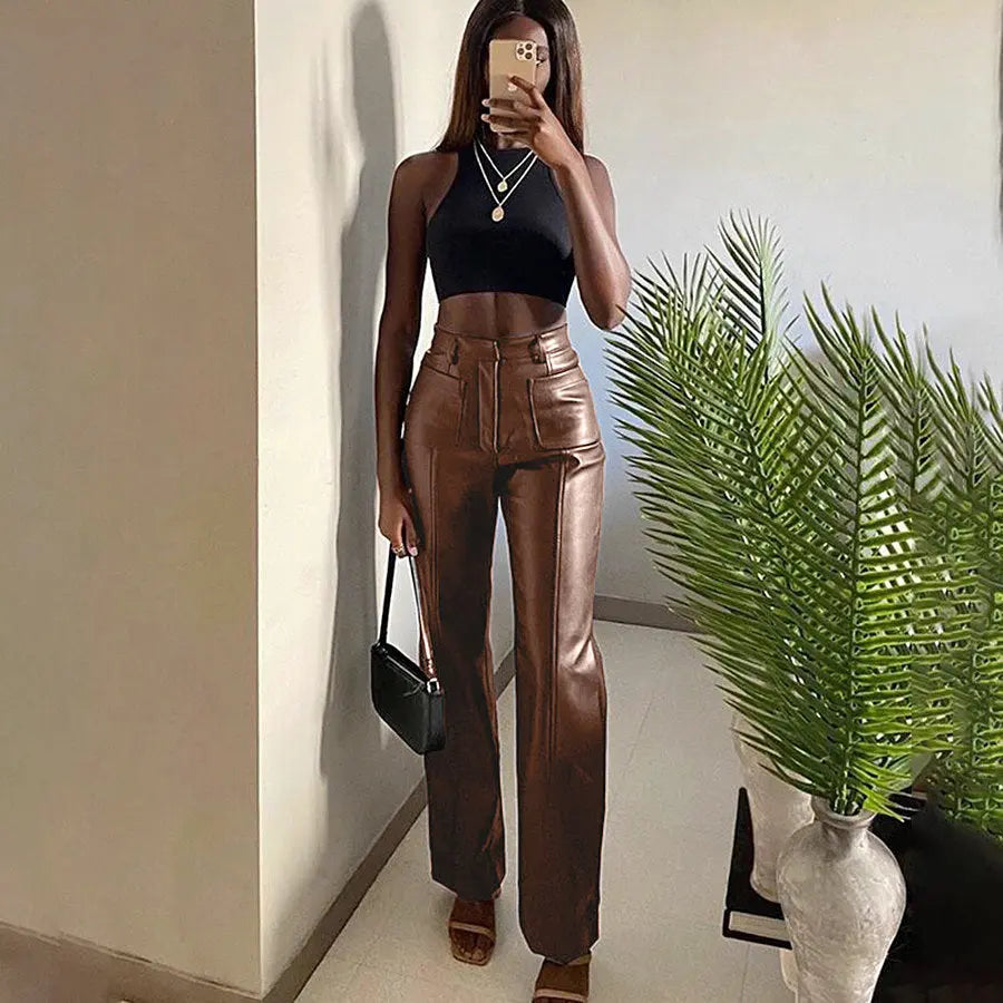Fashion Design Double Pocket Sexy Straight Slim Pocket PU Long Leather Pants