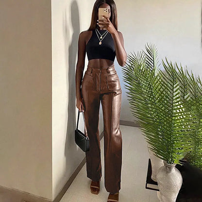 Fashion Design Double Pocket Sexy Straight Slim Pocket PU Long Leather Pants