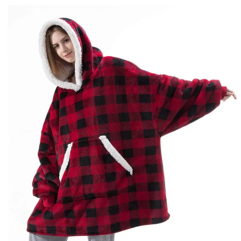Women's Flannel Wearable Blanket Hoodie Thickened Warm Patch Home Oversized Sweatshirt