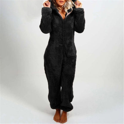 2022 New European And American Autumn And Winter Women&#039;s Cross-border Trade Plus Velvet Padded Mao Mao Jumpsuit Hooded Pajamas