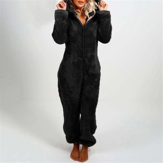 2022 New European And American Autumn And Winter Women&#039;s Cross-border Trade Plus Velvet Padded Mao Mao Jumpsuit Hooded Pajamas