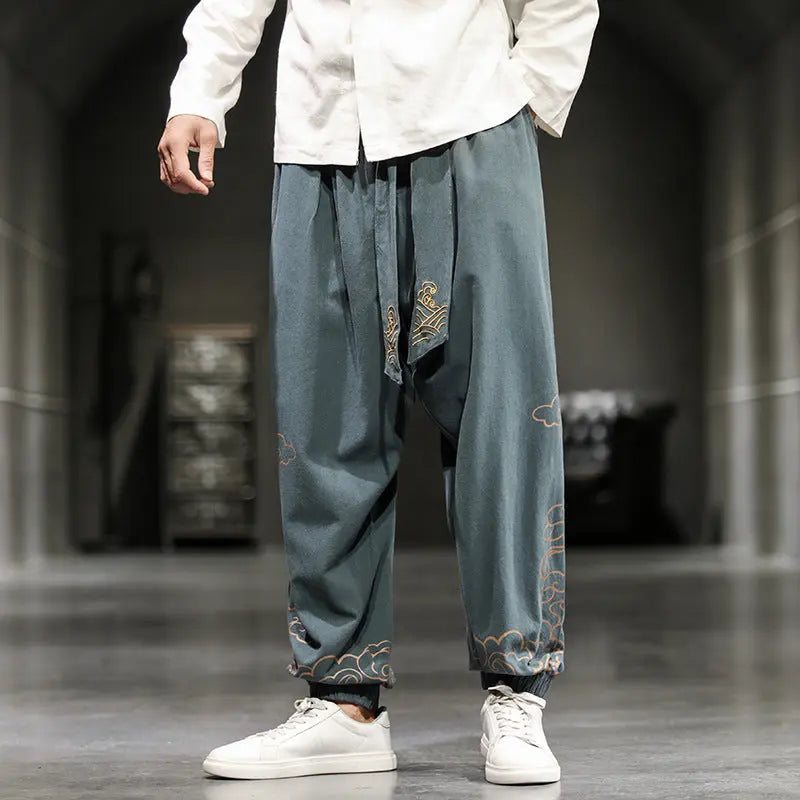 Chinese Style Men's Trousers Printed Small Feet Trousers Men's Loose Wide-legged Bloomer Pants