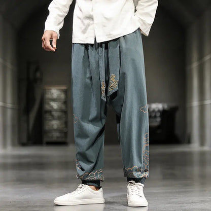 Chinese Style Men's Trousers Printed Small Feet Trousers Men's Loose Wide-legged Bloomer Pants