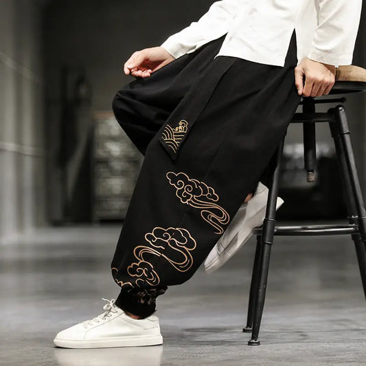 Chinese Style Men's Trousers Printed Small Feet Trousers Men's Loose Wide-legged Bloomer Pants