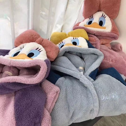 One-piece Pajamas Women&#039;s Autumn And Winter Thickened Donald Duck Daisy Coral Fleece Flannel Couple Plush Nightgown Large Size