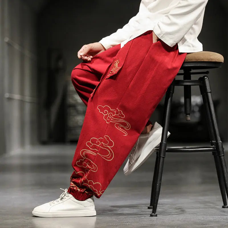 Chinese Style Men's Trousers Printed Small Feet Trousers Men's Loose Wide-legged Bloomer Pants