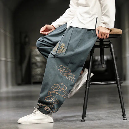 Chinese Style Men's Trousers Printed Small Feet Trousers Men's Loose Wide-legged Bloomer Pants