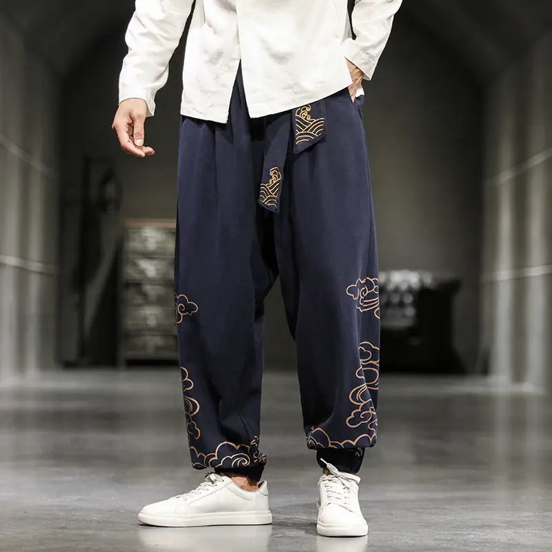 Chinese Style Men's Trousers Printed Small Feet Trousers Men's Loose Wide-legged Bloomer Pants