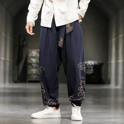 Chinese Style Men's Trousers Printed Small Feet Trousers Men's Loose Wide-legged Bloomer Pants