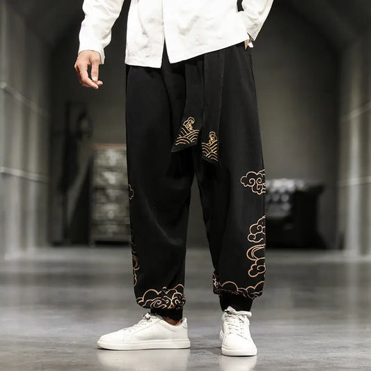 Chinese Style Men's Trousers Printed Small Feet Trousers Men's Loose Wide-legged Bloomer Pants