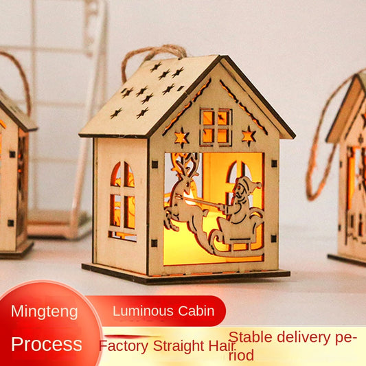 Cross-border Christmas Decoration Wooden Luminous Cabin New Hollow Christmas Ornaments LED Wooden Decoration Pendant