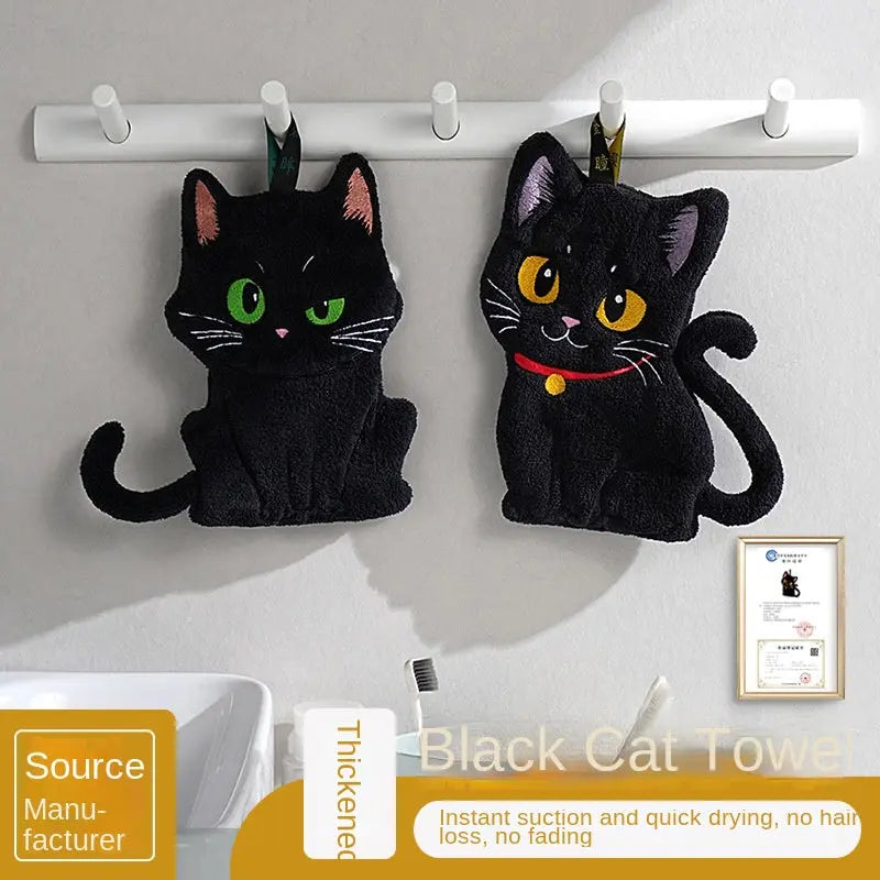 Black Cat Plush Hand Towel – Soft Hanging Bathroom & Kitchen Towel