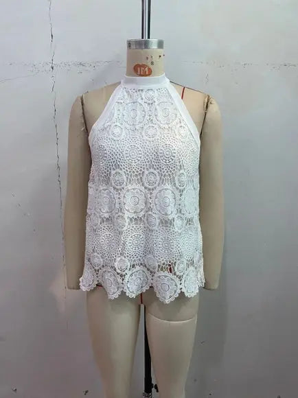 Women's Elegant Lace Halter Neck Sleeveless Summer Tank Top
