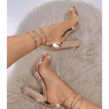 High-heeled women&amp;#039;s shoes rhinestones thick with straps with transparent sandals