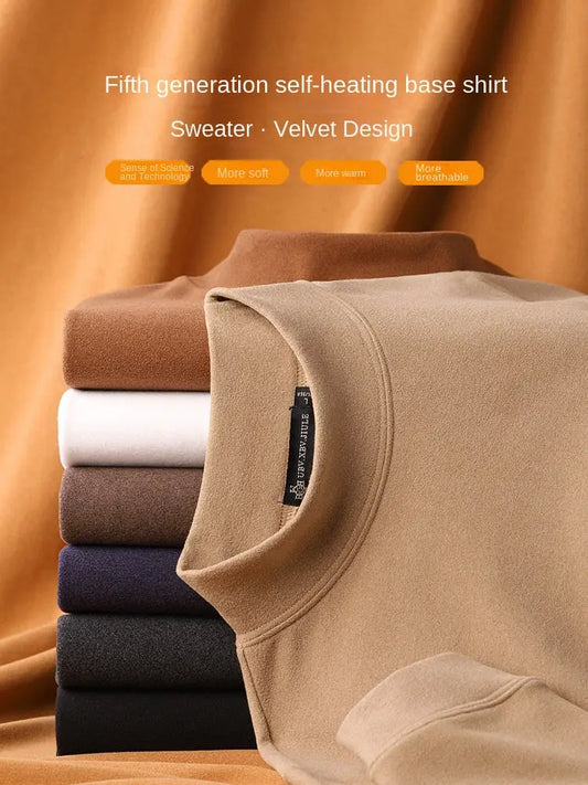 Double-Sided Velvet T-Shirt Men's Long-Sleeved 2025 Spring Mid-Collar Bottoming Shirt Sweatshirt Light Business Warm Half Turtleneck Top